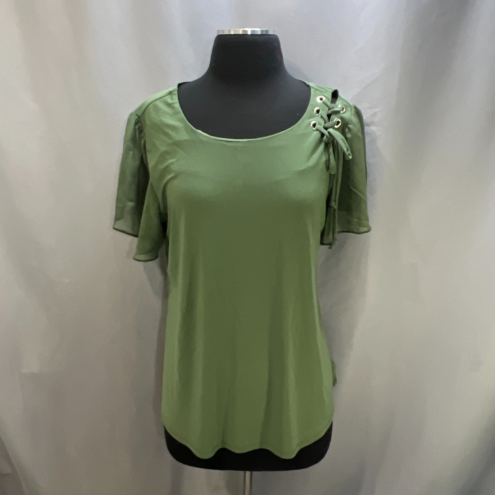 Adele & May Blouse Top Womens XL Olive Green Lace Up Detail Boho Flutter Sleeve